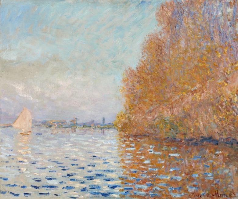 Impressionistic landscape painting of a a river, trees on the riverbank, buildings on the horizon and a white sailboat.