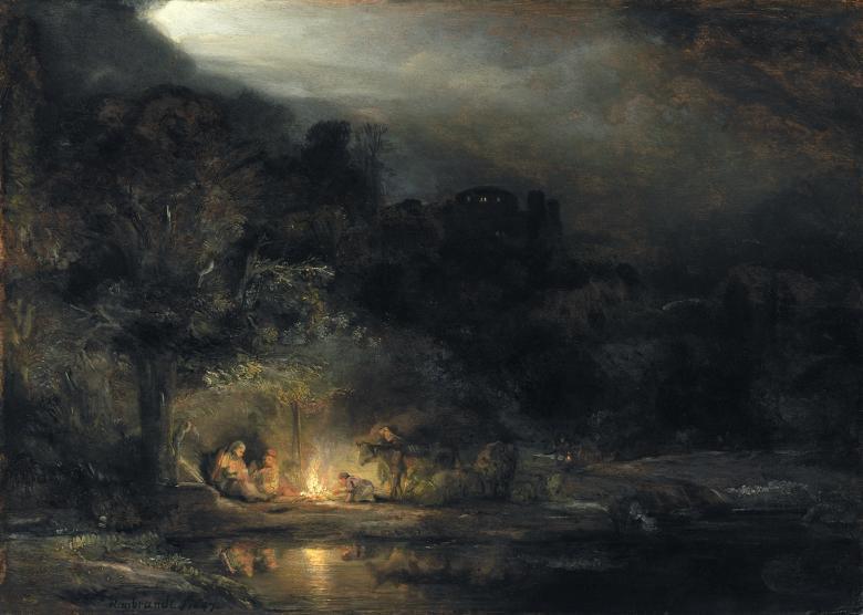 Painting of a small group of figures surrounding a fire in a landscape at night