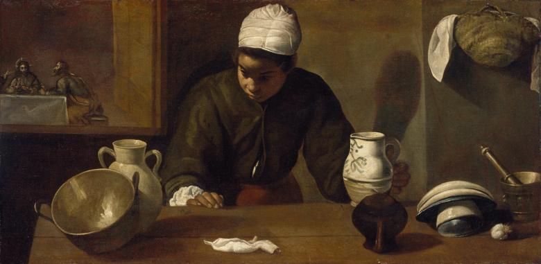 Spanish Baroque painting of a woman looking at the reflection in a pot. Behind here is Jesus with two other figures. 