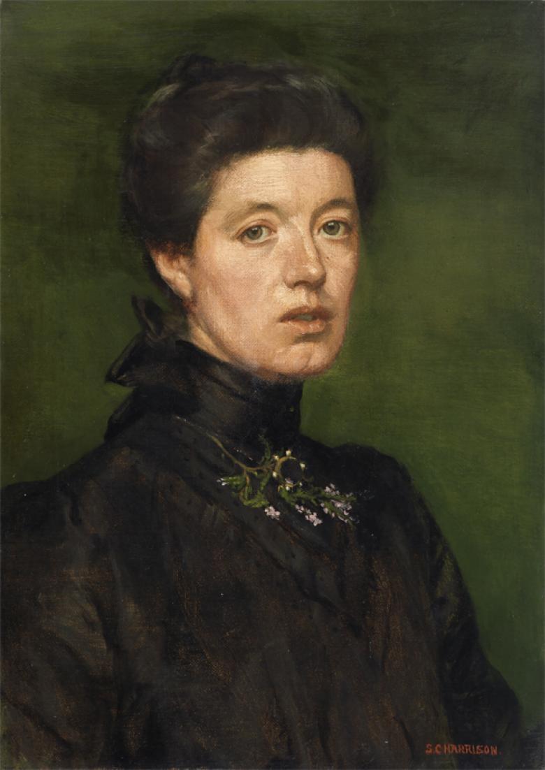 Naturalistic half-length portrait of a pale woman with her dark hair pinned up and wearing a high-necked black blouse with floral detailing at the throat