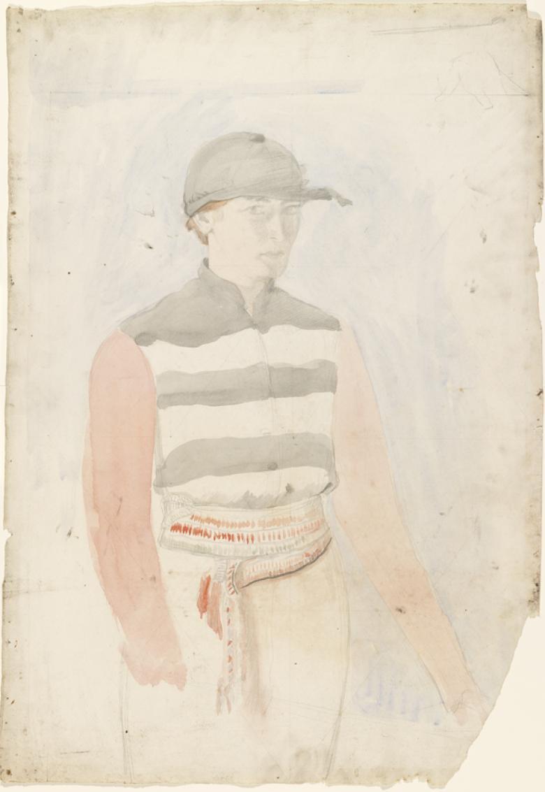 Muted-coloured painting of a woman wearing a striped jockey's outfit