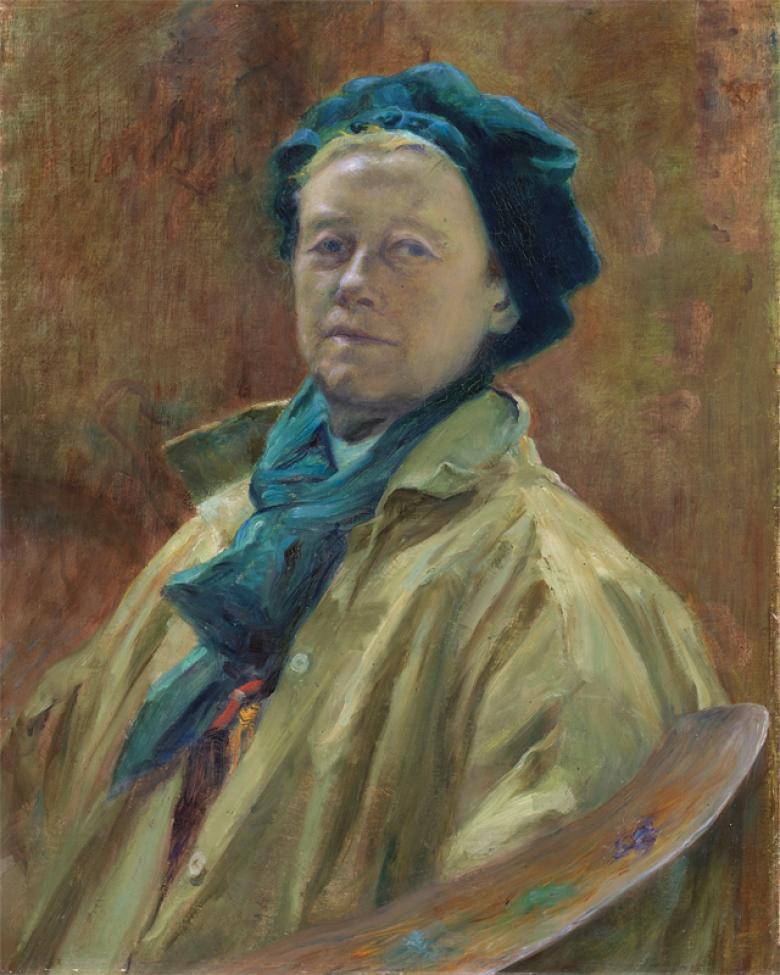 Painting of a female figure sitting in a chair, wearing a yellow jacket, blue scarf and blue hat.