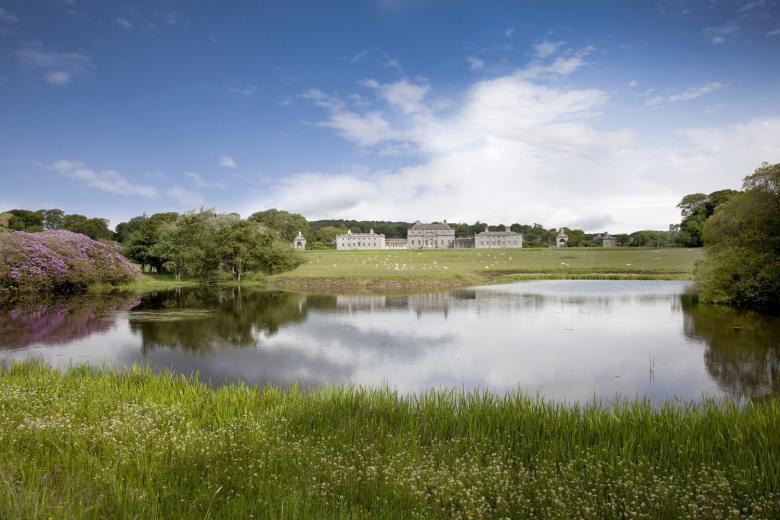 A view of Russborough House across a lake
