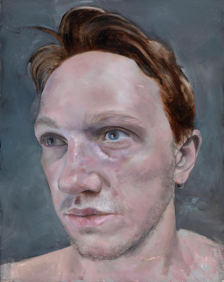 Close-up painted portrait of a young Caucasian man with brown hair