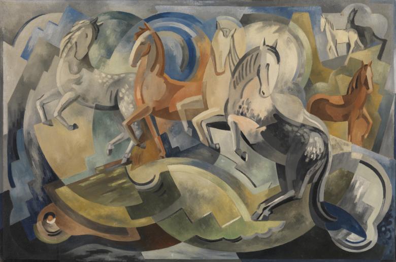 Semi-abstract oil painting of horses