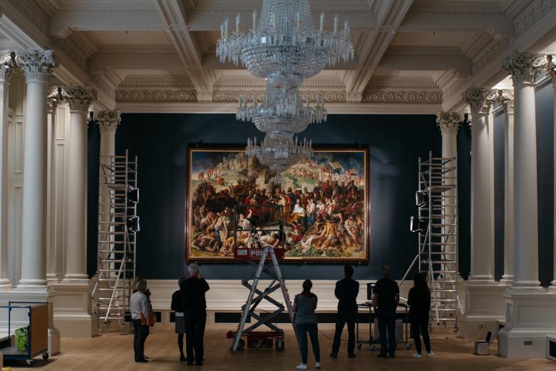 Rehanging the Marriage of Strongbow and Aoife painting in the Gallery's Shaw Room