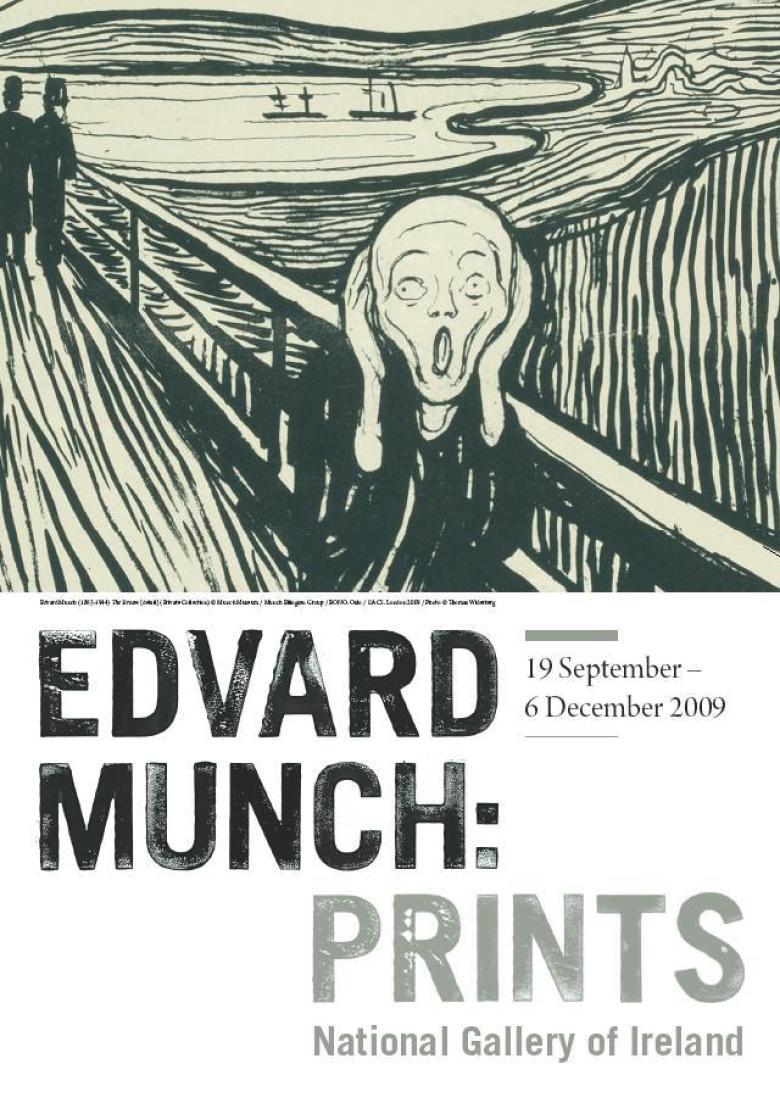 Poster for Edvard Munch exhibition featuring a blank and white woodcut print of his iconic scream figure. 
