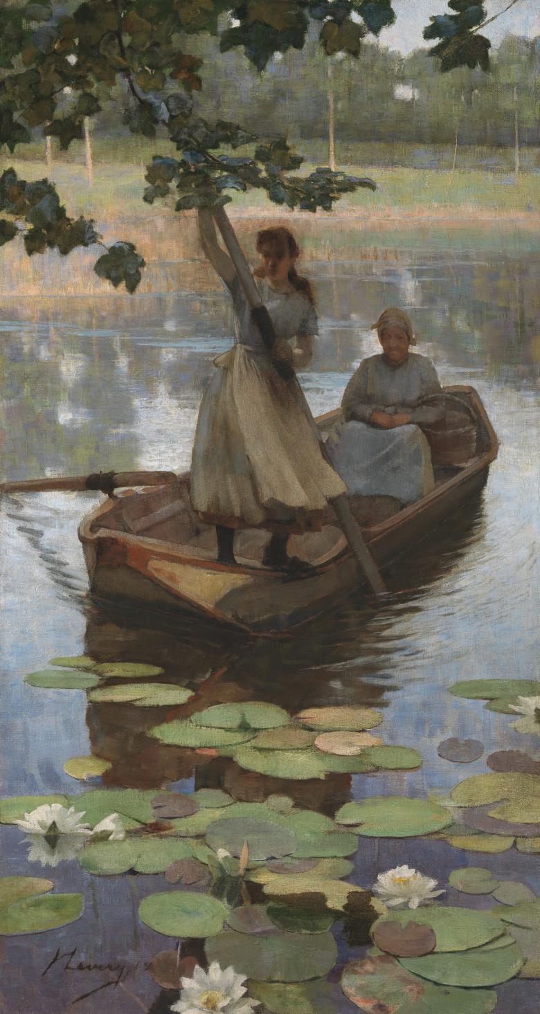 A girl punting a boat across a river, with an older woman sitting in the back. The foreground is filled with water lilies.