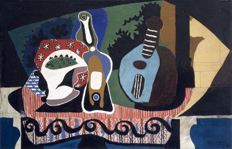 Cubist still life painting of a mandolin, bottle, and other objects on a table