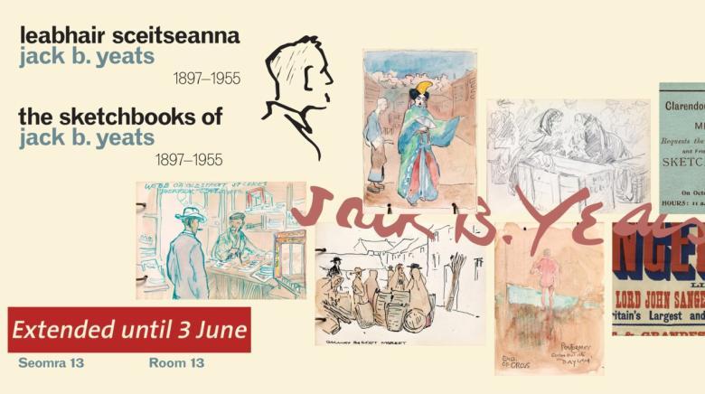 Poster with several sketchbook drawings by Yeats along with his signature.