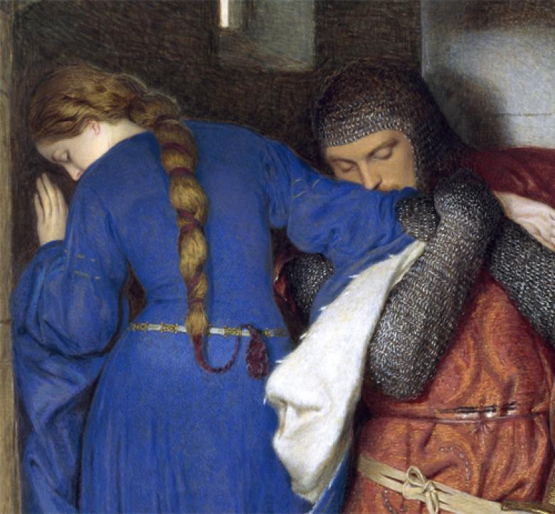 Watercolour of a man in a suit of armor grasping the arm of a woman in a blue dress with long plaited hair.