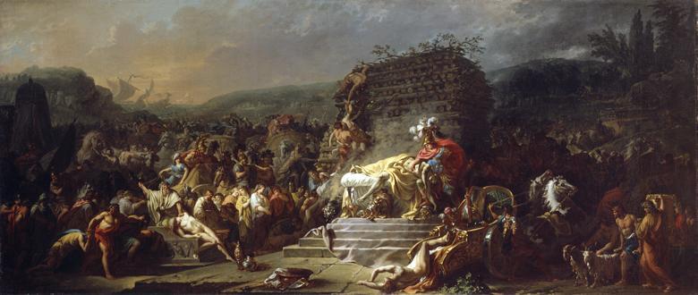 Dramatic oil painting of a large crowd of figures swirling around a funeral bier where Achilles mourns his dead friend Patroclus