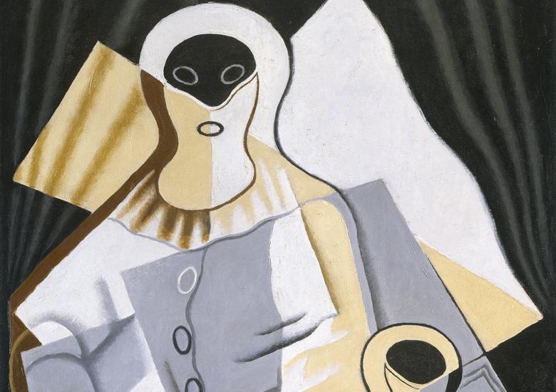 Cubist painting of a pierrot in shades of grey, yellow, white and black