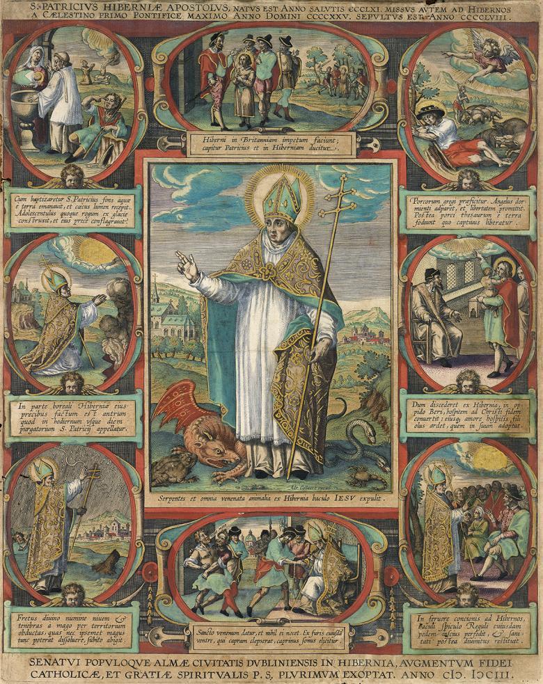 A colourful comic-book-style print of Saint Patrick at centre, surrounded by 8 vignettes of scenes from his life accompanied by texts.