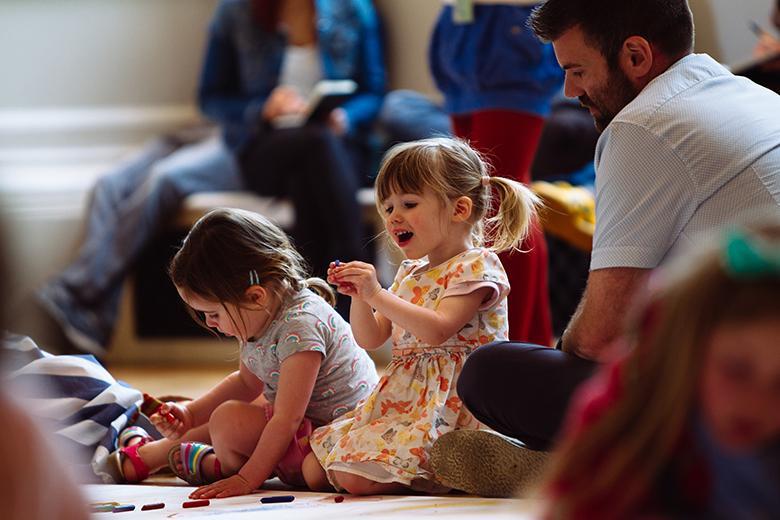 Two children drawing in the Shaw Room of the National Gallery of Ireland on National Drawing Day 2018.