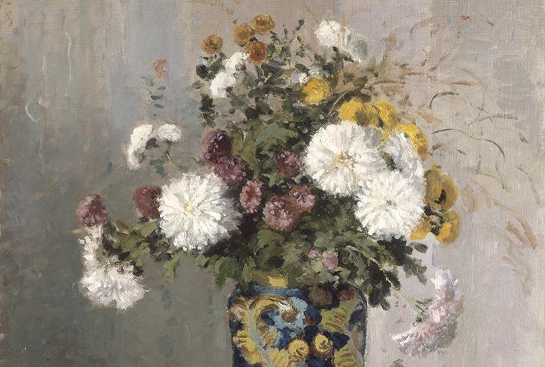 Detail of Camille Pissarro's still of chrysanthemums in a Chinese vase.