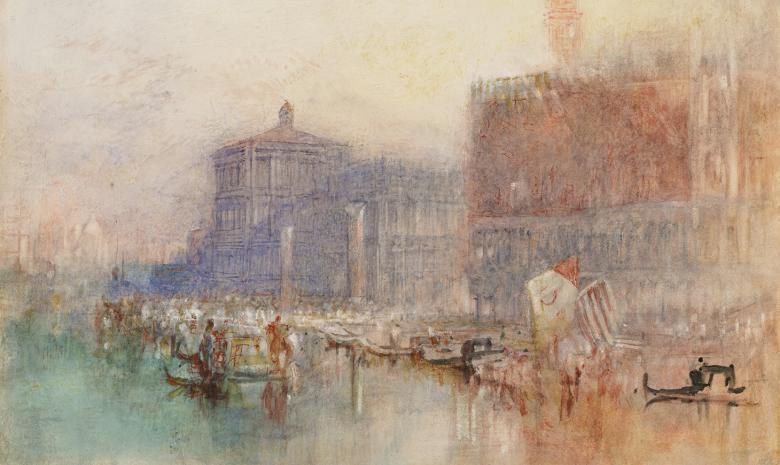 A watercolour by J.M.W. Turner showing the Doge's Palace and Piazzetta in Venice, with gondoliers in the canal in the foreground.