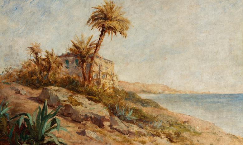 Painting of a Mediterranean coastline with palms trees at centre, a large ground plant with spiky green leaves in the left foreground, and the sea on the right.