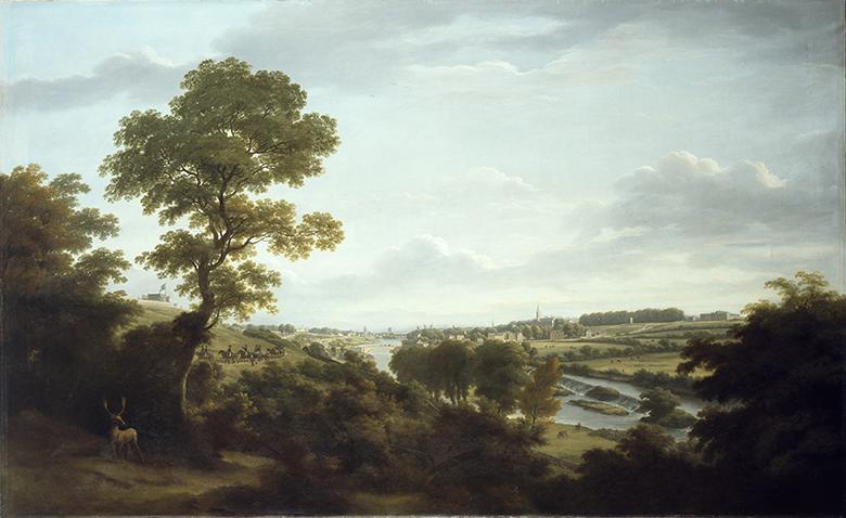 An oil painted countryside view with a tall tree and stag in left foreground and buildings on the horizon.