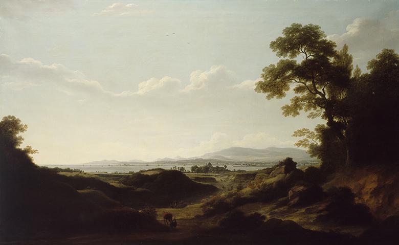 An oil painting of a landscape with mountains and the sea in the distance.