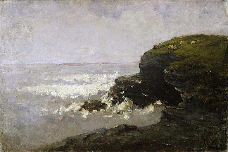 Oil painting of a grass-topped cliff, with waves crashing and a grey, overcast sky.