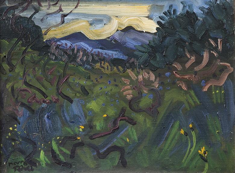 Expressionistic painting of a landscape with purple mountains in the distance and grass and yellow flowers in the foreground.