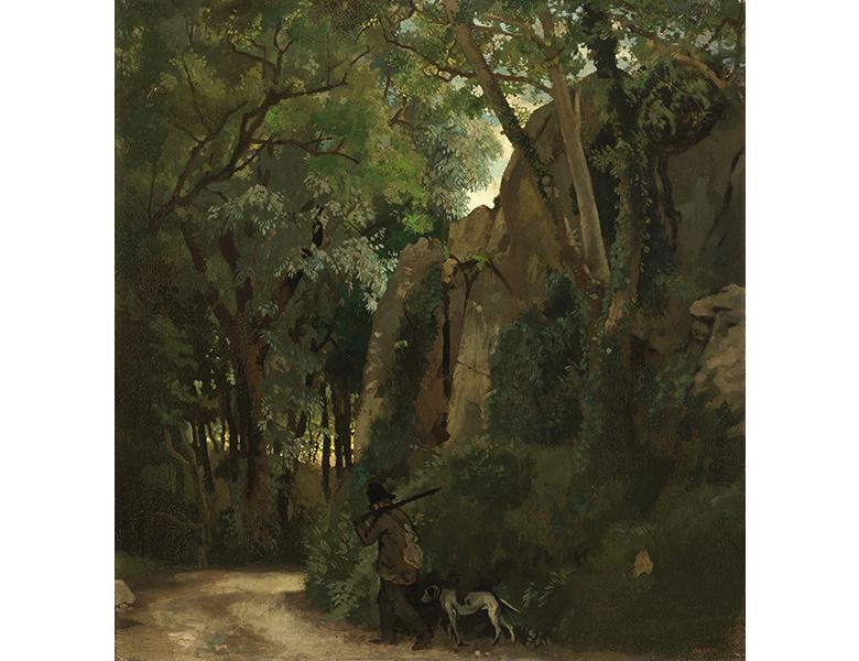 Painting of a man and gun dog walking along a forest track with trees and rocks looming over them.