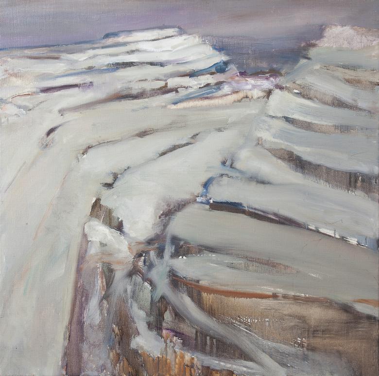 An oil painting of bare, folded rock on Mullaghmore
