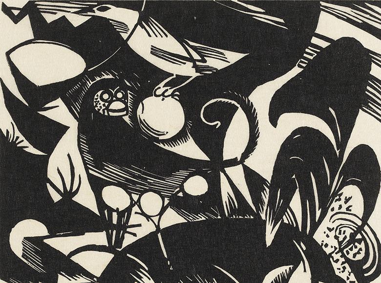Black and white stylised print of animals in a landscape