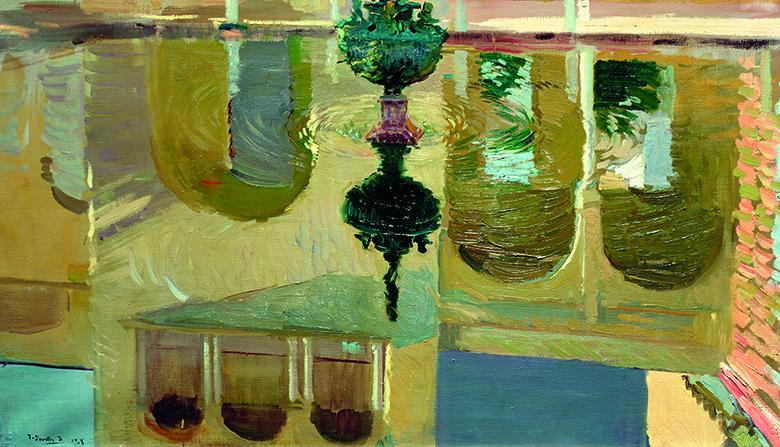Oil painting of arches of a building reflected in a fountain.