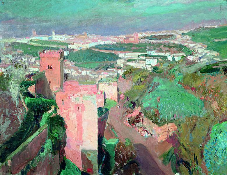 Colourful landscape oil painting featuring buildings and fields