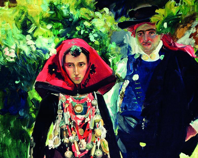 Colourful oil painting of a man and woman in traditional dress