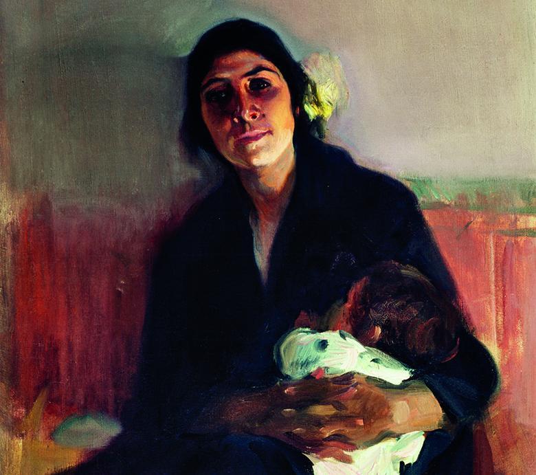 Oil painting of a seated woman wearing black and holding a white bundle.