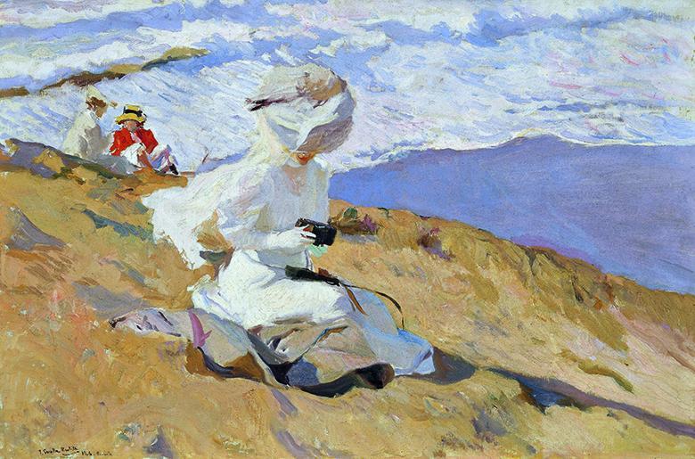 Oil painting of a woman in white on a beach holding a camera