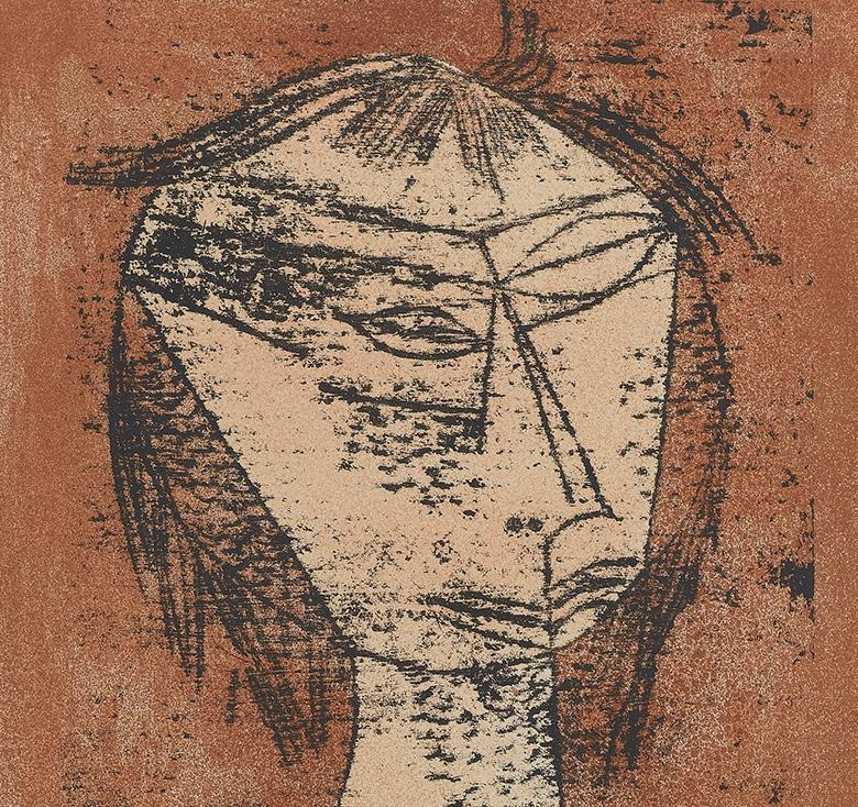 Stylised print of a human head against a rust-red background