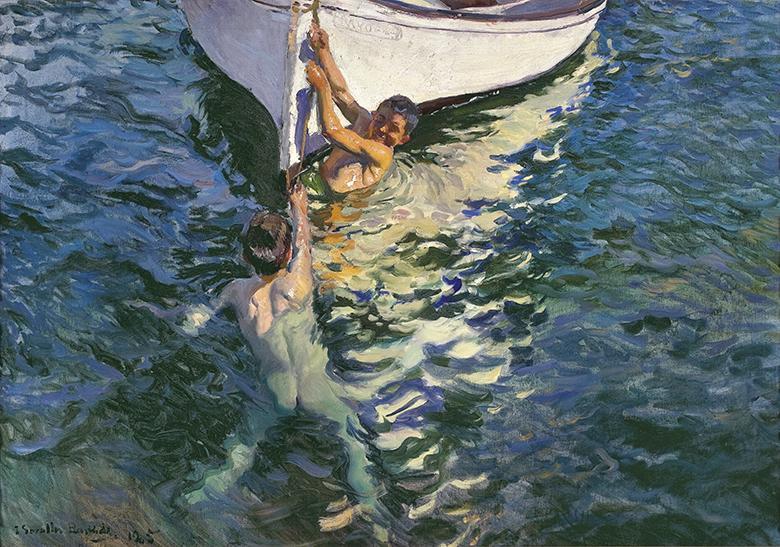Oil painting of two young boys swimming and holding onto the bow of a white boat.