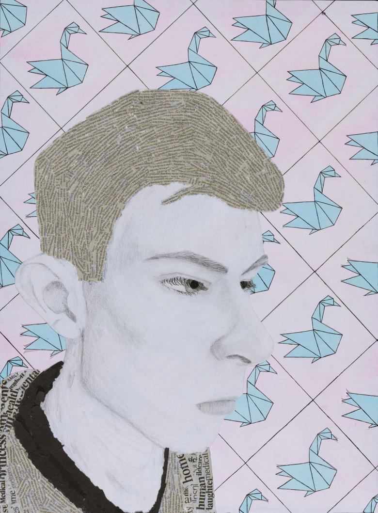 Against a repeated background of pale blue origami swans on pink we see a young man in profile. His hair and his t-shirt is made up of a collage of newspaper print.