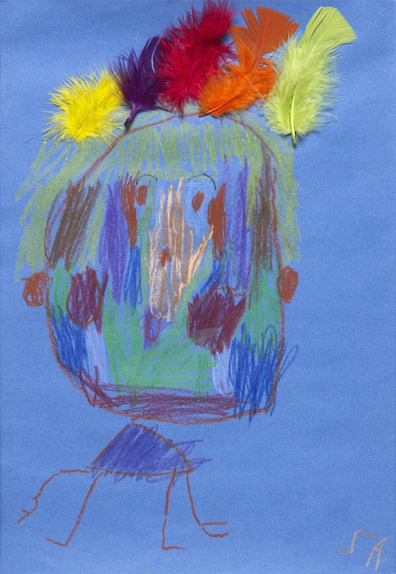 A crayon portrait of a large head on blue paper, with a colourful array of feathers added in where the hair might normally be.