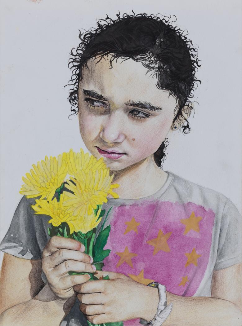 A watercolour and pencil portrait of a young dark-haired girl wearing a white t-shirt with a pink and yellow star pattern. She holds a bunch of yellow flowers close to her face, and is looking off into the distance.