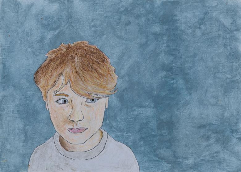 We see the head and shoulders of a young man against a blue background. He is to the left of the canvas, and his eyes are looking to the side. He wears a white round necked top, and he has thick auburn hair. rame