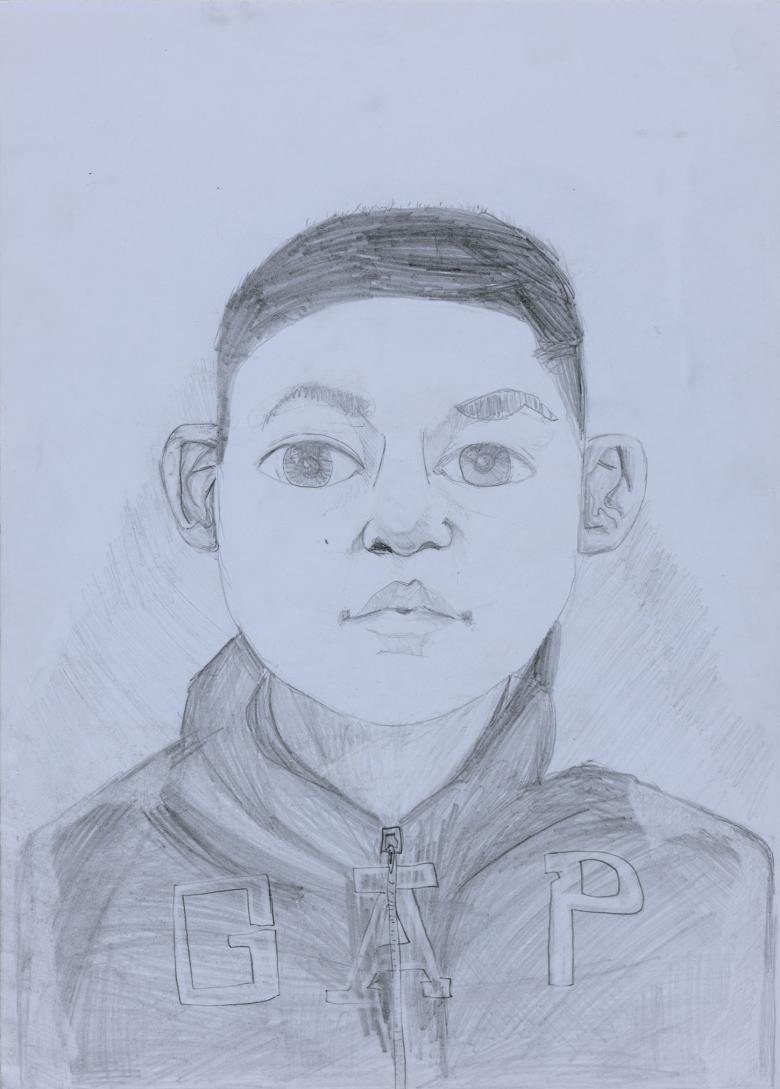 A pencil drawing of a young boy. The boy is facing the viewer directly, and has large eyes, expressive eyebrows, and has his hair cut short. He is wearing a hoodie zipped up to his neck, and we can see the words GAP across his chest.