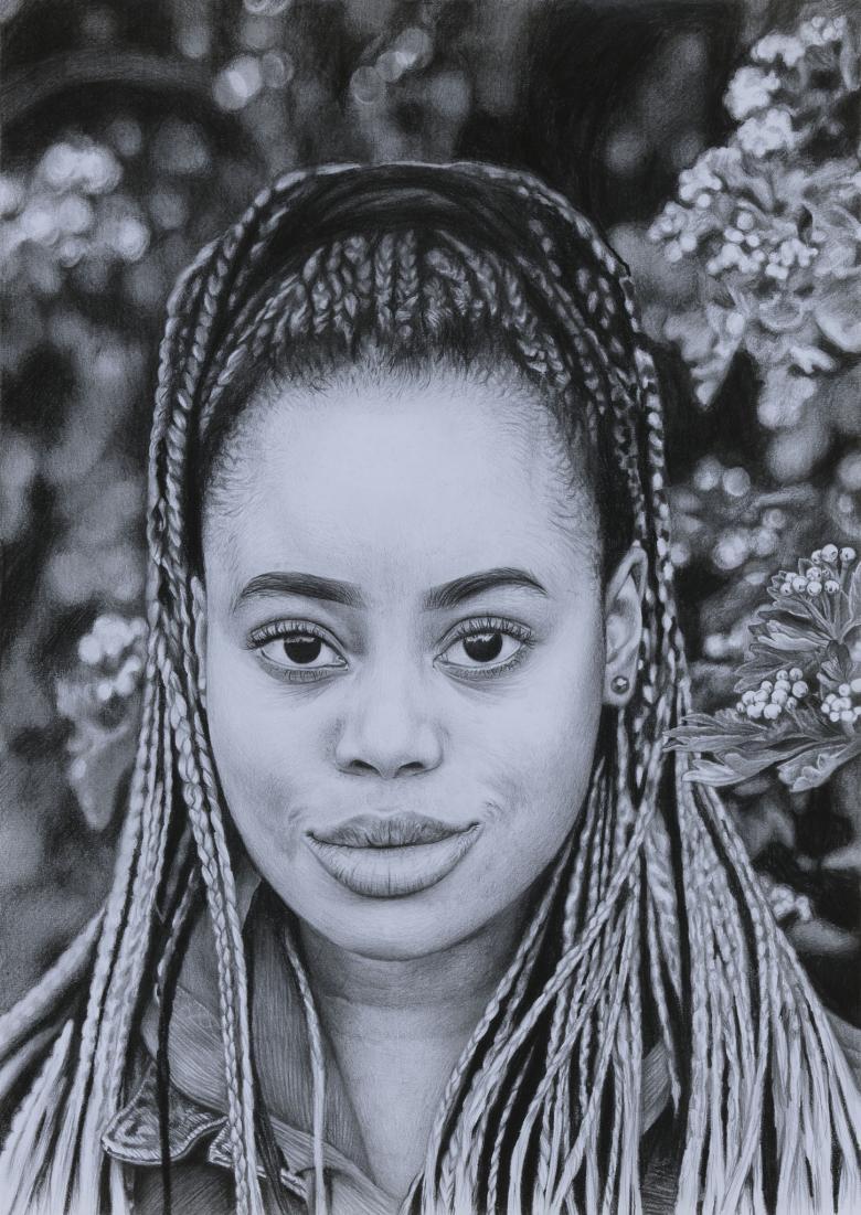 A pencil portrait of a young woman with long hair in braids which come down over her shoulders. She has large dark eyes, and is looking directly at the viewer. In the background, we can see foliage.