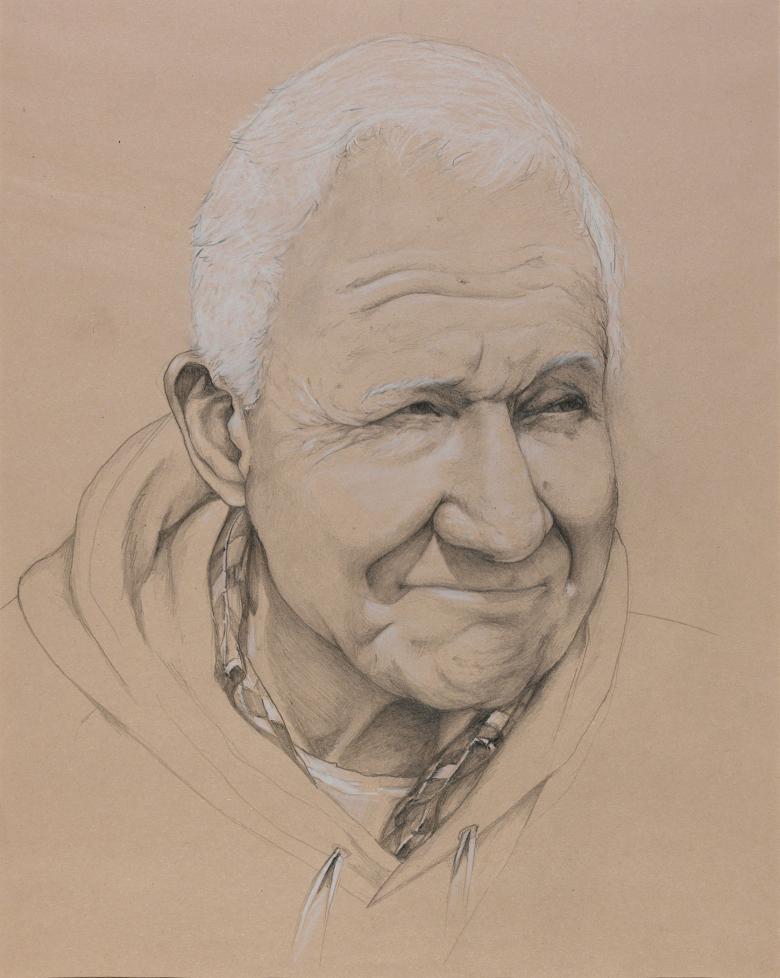 A graphite and pastel portrait of a white haired man. He has deep lines on his face, and a smile plays around his mouth. His eyes are narrowed, as though shading from the sunshine, and he looks off to the right. He is wearing a hoodie layered over a t-shirt and a shirt.