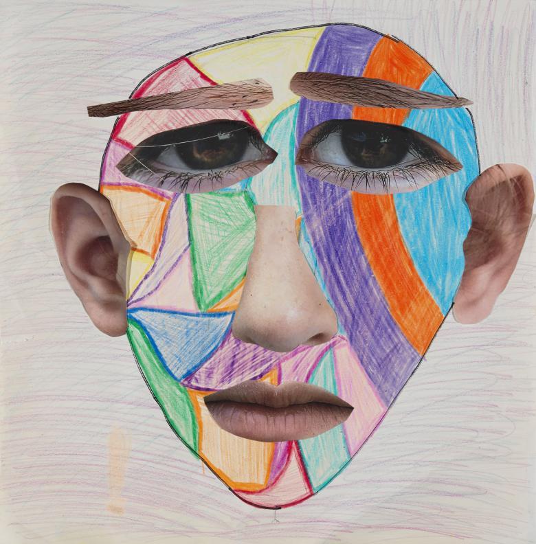 A collage, crayon and chalk portrait of a head. The head's outline is drawn in crayon, with a mosaic of different colours. The eyes, nose, ears, mouth and eyebrows have been added using collage.