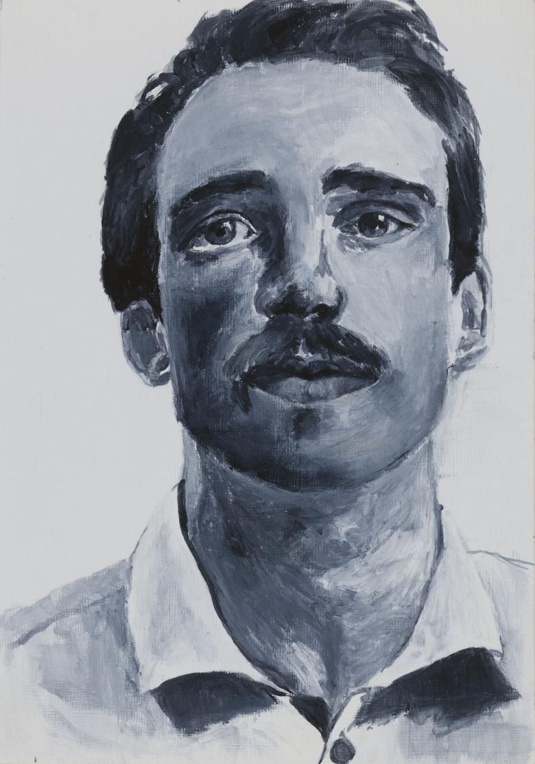 A monochromatic head and shoulders portrait of a man. He wears a white shirt, and dark hair and a moustache. His eyes are gazing up above the viewer.