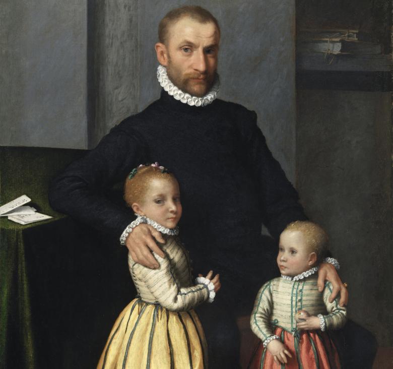 Sixteenth-century portrait in oils of a man in black posing with his arms around the shoulders of two small blonde children. tw