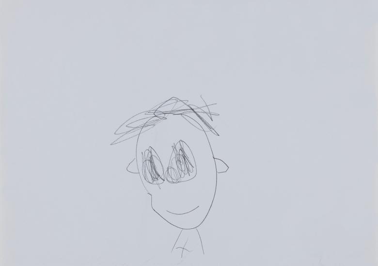 A pencil drawing of a boy - he has unruly hair, large eyes, and is smiling.