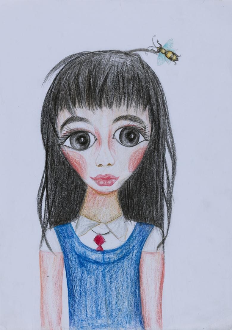 A drawing of a young girl with long dark hair. She is wearing a blue school pinafore over a white shirt and red tie, and there is a large wasp above her head. 