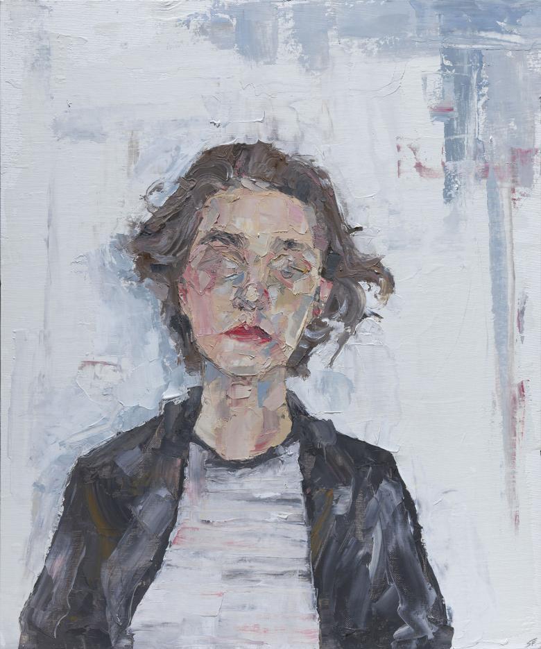 An oil portriat of a woman who is in front of a white wall. She wears a black jacket over a white tshirt, and her hair is windswept around her face, the features of which are quite abstract.