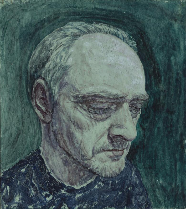 A close-up portrait of a man's face. There is a greenish hue to the portrait, and the man wears a blue jumper. His eyes are closed, and the expression on his face is somber. 